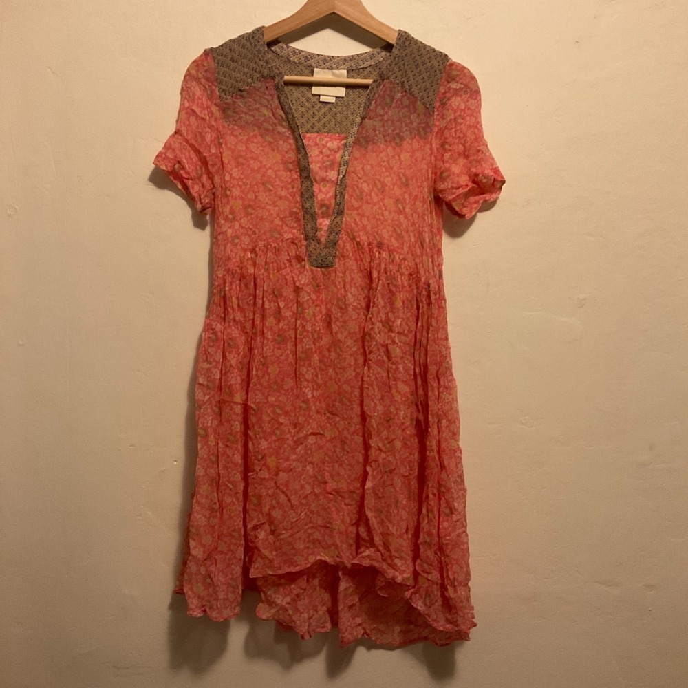 Anthropologie Maeve High Low Sheer Tunic Dress Pink Brown Boho Fairy Peasant 0